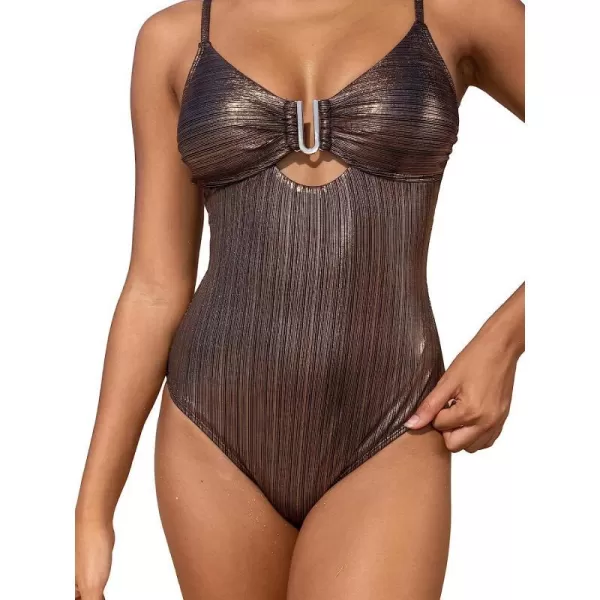 imageCUPSHE Womens One Piece Swimsuit Tummy Control Cutout Metallic Glitter U Wire SwimwearBronze