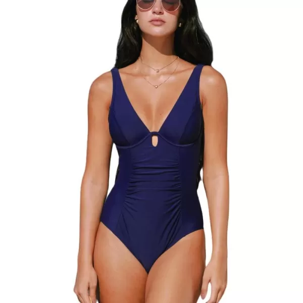 imageCUPSHE Womens One Piece Swimsuit Tummy Control Deep V Neck Cutout Back Hook Adjustable Straps Underwire SwimwearDark Berry Blue