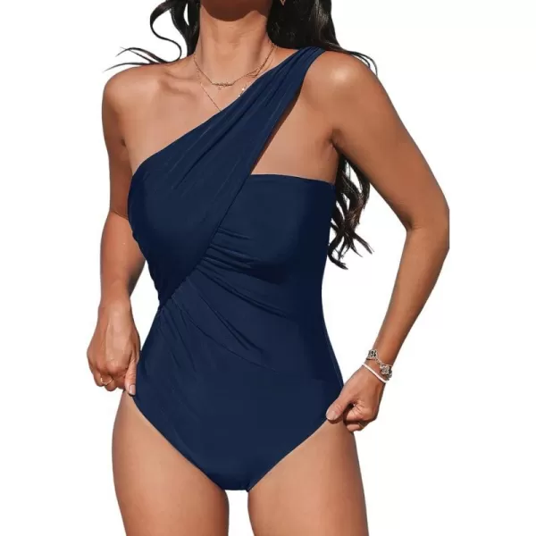 imageCUPSHE Womens One Piece Swimsuit Tummy Control One Shoulder Asymmetrical Neck Bathing Suit Ruched Wide StrapsNavy Blue