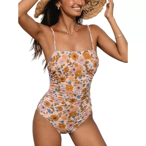 imageCUPSHE Womens One Piece Swimsuit Tummy Control Ruched Bathing Suit Square Neck Adjustable StrapsApricotFloral