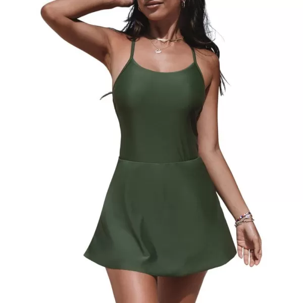 imageCUPSHE Womens One Piece Swimsuit Tummy Control Swim Dress Skirted Bathing Suit Back CrisscrossArmy Green