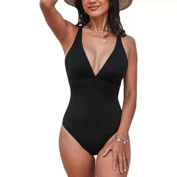 imageCUPSHE Womens One Piece Swimsuit Tummy Control V Neck Bathing Suit Lace up Crisscross Back Tie Slimming SculptingBlack