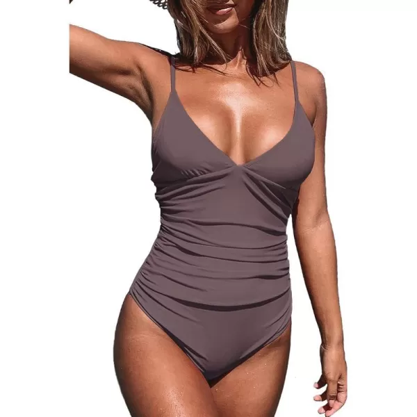 imageCUPSHE Womens One Piece Swimsuit Tummy Control V Neck Bathing SuitsCafe Brown