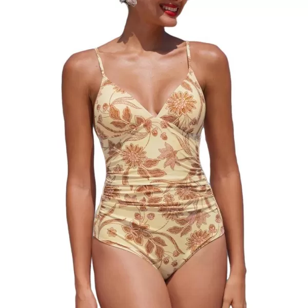 imageCUPSHE Womens One Piece Swimsuit Tummy Control V Neck Bathing SuitsLight Yellow Print