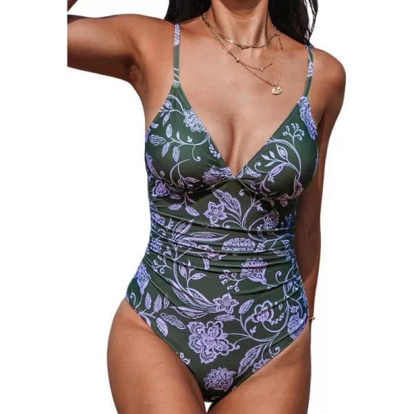 imageCUPSHE Womens One Piece Swimsuit Tummy Control V Neck Bathing SuitsTealish Green Paisley