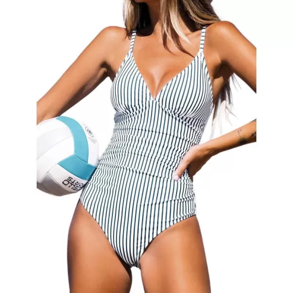 imageCUPSHE Womens One Piece Swimsuit Tummy Control V Neck Bathing SuitsVertical Stripes