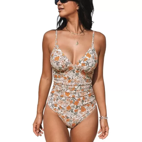 imageCUPSHE Womens One Piece Swimsuit Tummy Control V Neck Ruched Adjustable StrapsYellow Floral