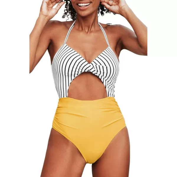 imageCUPSHE Womens One Piece Swimsuit Twist Cutout Front Crisscross Lace Up BackStripe Yellow