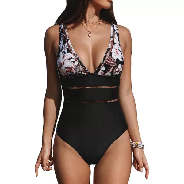 imageCUPSHE Womens One Piece Swimsuit V Neck Adjustable Wide Straps Ladder Trim Low BackBlack