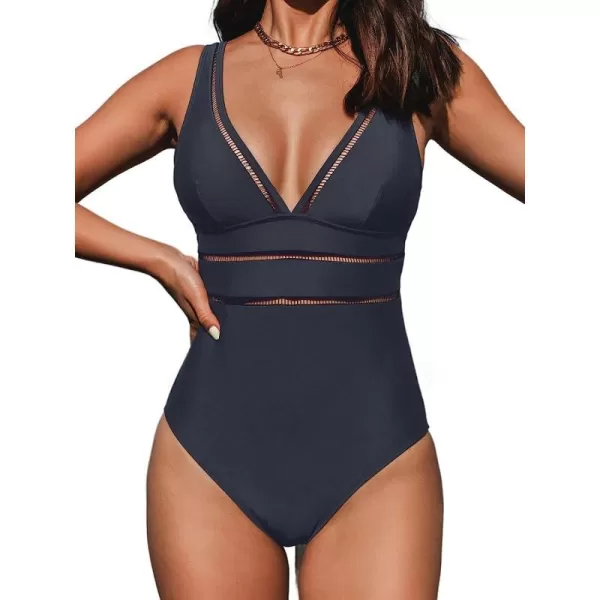 imageCUPSHE Womens One Piece Swimsuit V Neck Adjustable Wide Straps Ladder Trim Low BackDark Navy