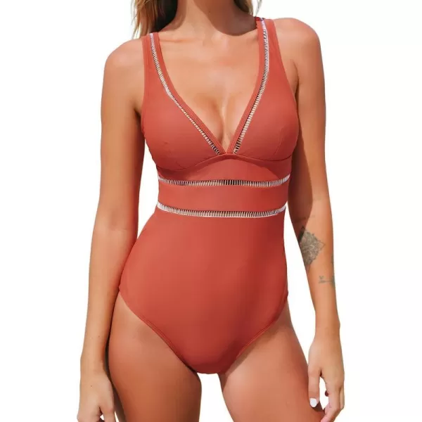 imageCUPSHE Womens One Piece Swimsuit V Neck Adjustable Wide Straps Ladder Trim Low BackOrange