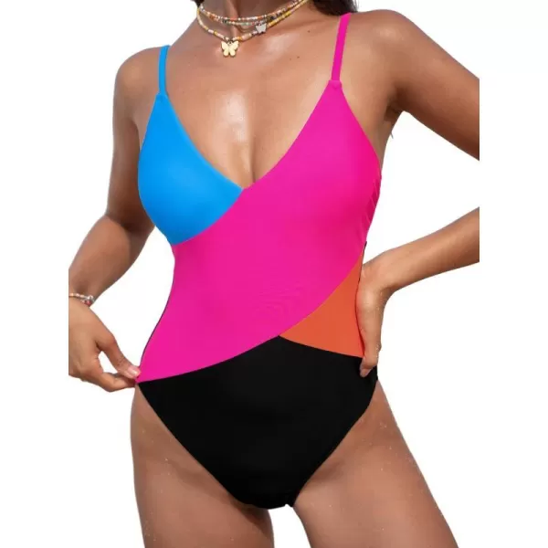 imageCUPSHE Womens One Piece Swimsuit V Neck Bathing Suit Color Block Adjustable Straps TrendyPinkBlack