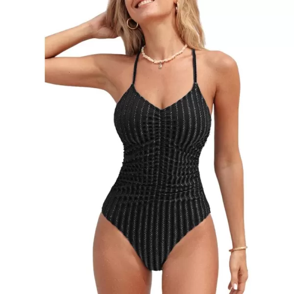 imageCUPSHE Womens One Piece Swimsuit V Neck Bathing Suit Crisscross Back Tie Cutout Lace up Adjustable Straps Ruched TextureBlack