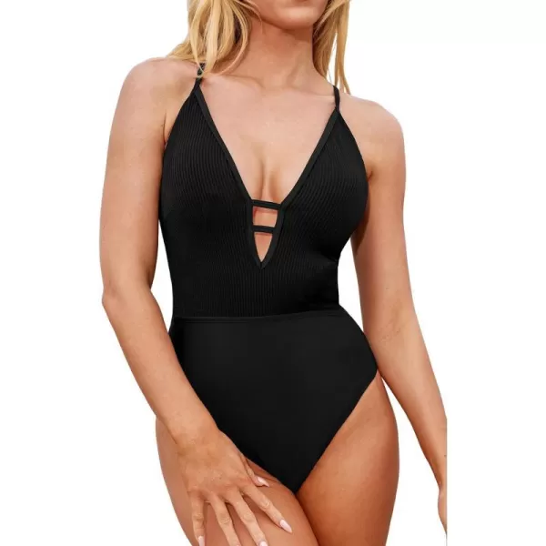 imageCUPSHE Womens One Piece Swimsuit V Neck Bathing Suit Crisscross Back Tie Ribbed SwimwearBlack