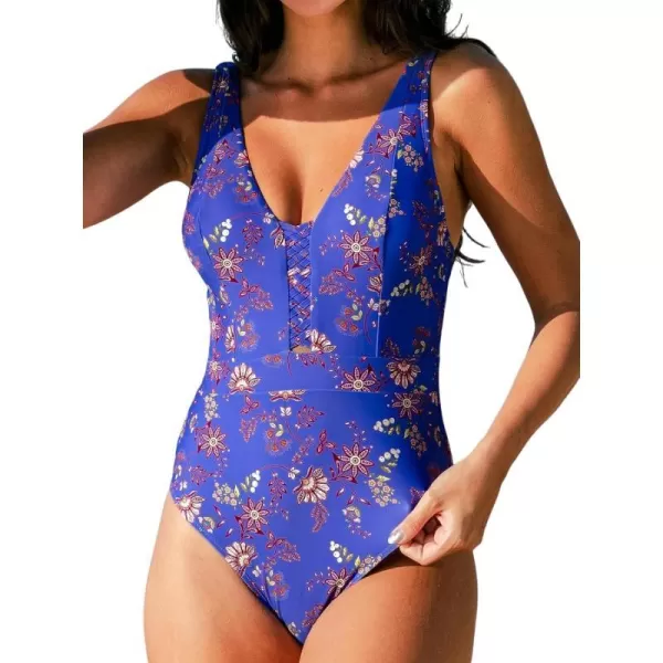 imageCUPSHE Womens One Piece Swimsuit V Neck Bathing Suit Front Keyhole Cutout Retro Adjustable Wide StrapsRoyal BlueFloral