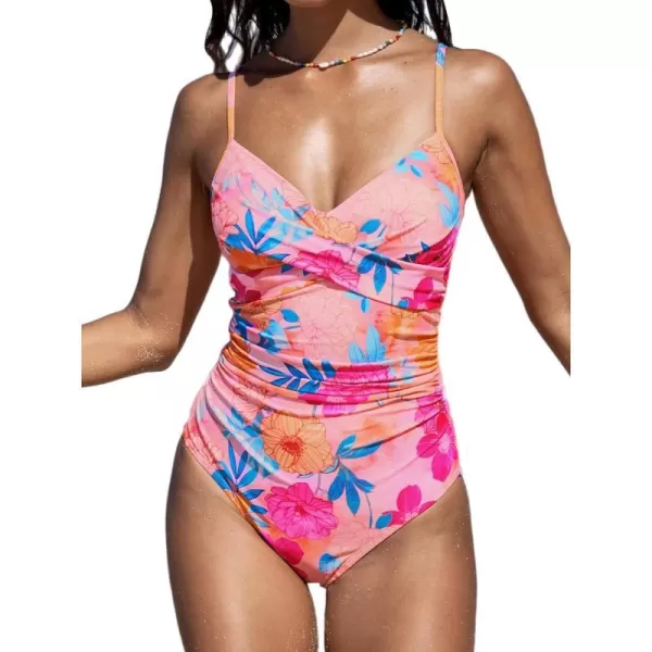 imageCUPSHE Womens One Piece Swimsuit V Neck Bathing Suit Front Wrap Ruched Underwire Cups Adjustable StrapsPeachy PinkFloral
