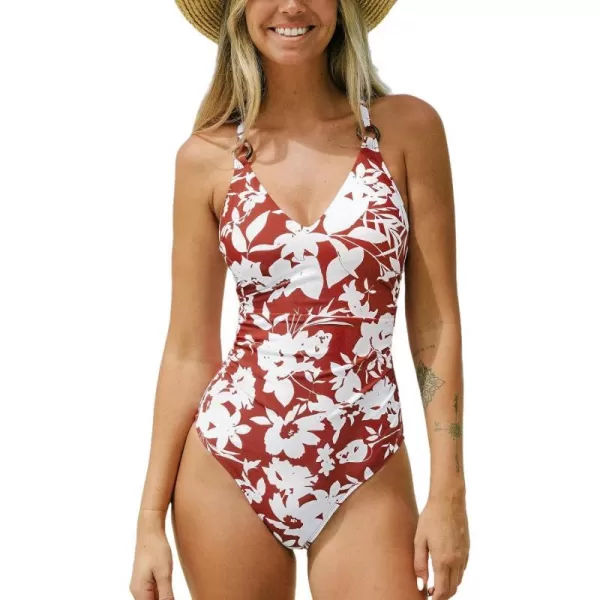 imageCUPSHE Womens One Piece Swimsuit V Neck Bathing Suit ORing Back Tie SwimwearBrick Red White