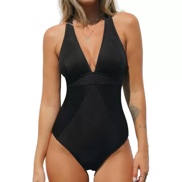imageCUPSHE Womens One Piece Swimsuit V Neck Bathing Suit Tummy Control Cross Back Swimwear RibbedBlack