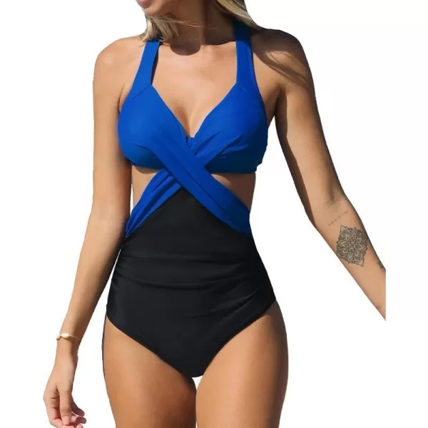 imageCUPSHE Womens One Piece Swimsuit V Neck Colorblock Bathing SuitBlueBlack