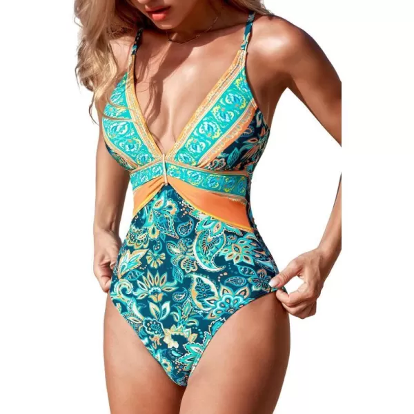 imageCUPSHE Womens One Piece Swimsuit V Neck Ruched Bathing Suit Crisscross Back Tie Adjustable StrapsCyanPaisley