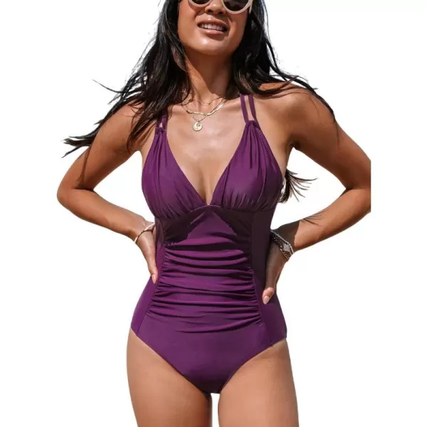 imageCUPSHE Womens One Piece Swimsuit V Neck Tummy Control Drawstring Double Straps Self Tie Back ORingMulberry Purple