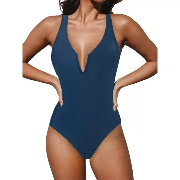 imageCUPSHE Womens One Piece Swimsuit V Wire Plunge Neck Adjustable Strap SwimwearNavy