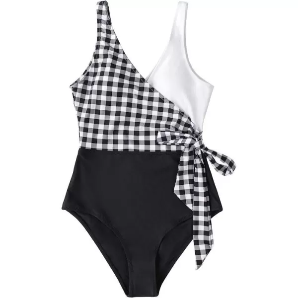 imageCUPSHE Womens One Piece Swimsuit Wrap Color Block Tie Side Bathing SuitBlack White Grid