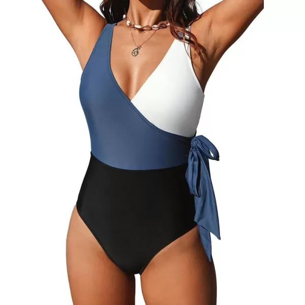 imageCUPSHE Womens One Piece Swimsuit Wrap Color Block Tie Side Bathing SuitBlue