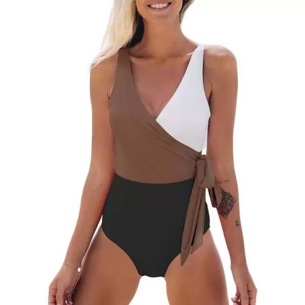 imageCUPSHE Womens One Piece Swimsuit Wrap Color Block Tie Side Bathing SuitBrown
