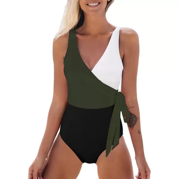 imageCUPSHE Womens One Piece Swimsuit Wrap Color Block Tie Side Bathing SuitGreen
