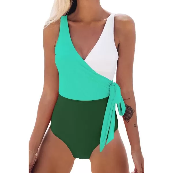 imageCUPSHE Womens One Piece Swimsuit Wrap Color Block Tie Side Bathing SuitGreen White
