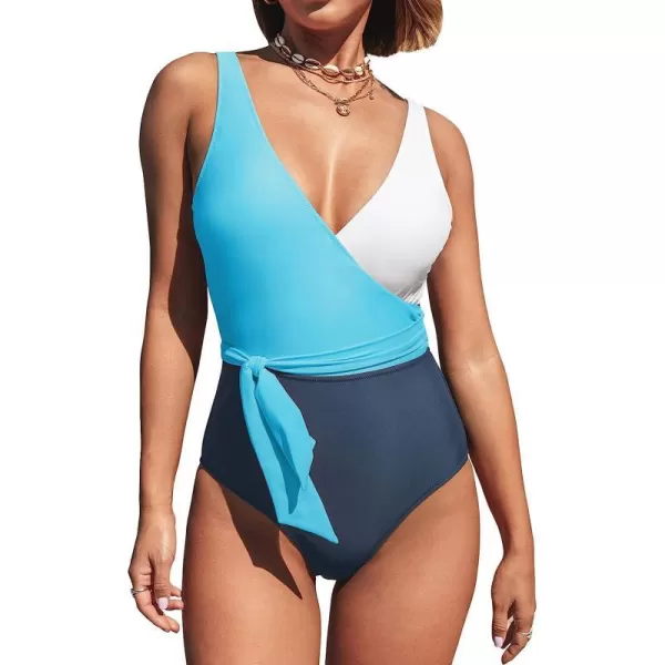 imageCUPSHE Womens One Piece Swimsuit Wrap Color Block Tie Side Bathing SuitLight Blue