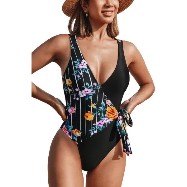 imageCUPSHE Womens One Piece Swimsuit Wrap Color Block Tie Side Bathing SuitMulticoloured