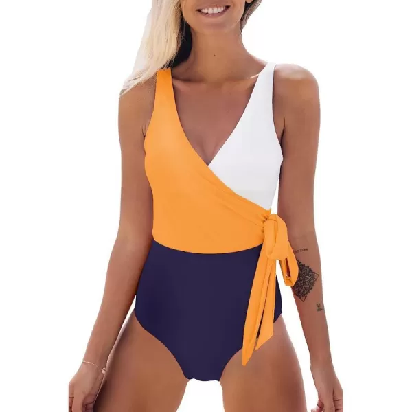 imageCUPSHE Womens One Piece Swimsuit Wrap Color Block Tie Side Bathing SuitOrange