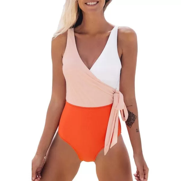 imageCUPSHE Womens One Piece Swimsuit Wrap Color Block Tie Side Bathing SuitOrangewhite