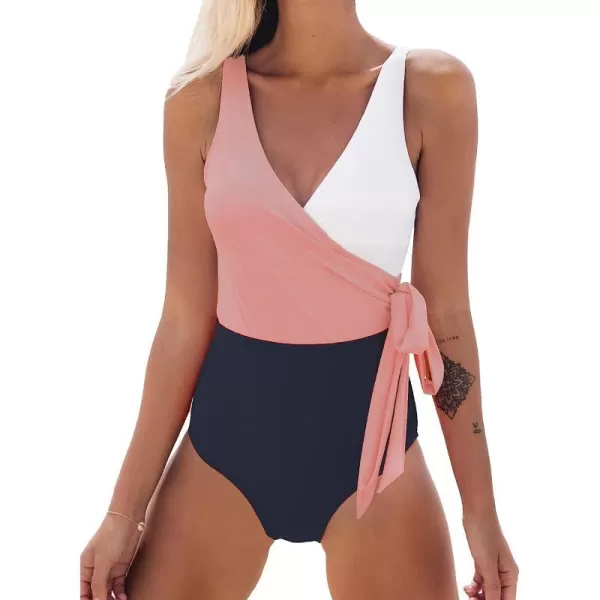 imageCUPSHE Womens One Piece Swimsuit Wrap Color Block Tie Side Bathing SuitPinkWhiteNavy