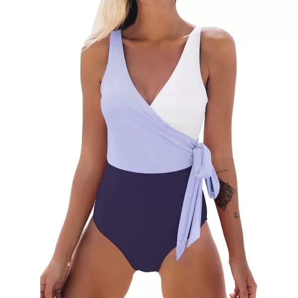 imageCUPSHE Womens One Piece Swimsuit Wrap Color Block Tie Side Bathing SuitPurple White
