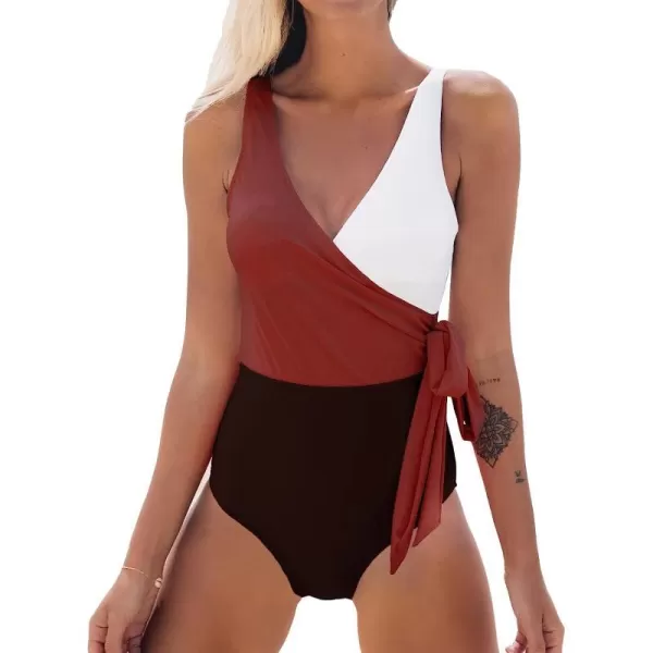 imageCUPSHE Womens One Piece Swimsuit Wrap Color Block Tie Side Bathing SuitRed