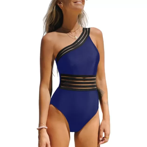 imageCUPSHE Womens One Piece Swimsuits Bathing Suits One Shoulder Adjustable Straps Cutout Asymmetrical Swimwear MeshBerry Blue