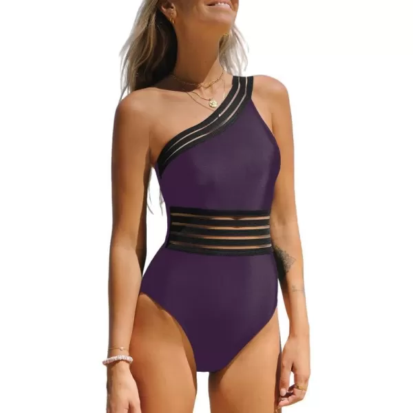 imageCUPSHE Womens One Piece Swimsuits Bathing Suits One Shoulder Adjustable Straps Cutout Asymmetrical Swimwear MeshEggplant Purple