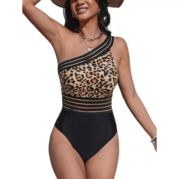 imageCUPSHE Womens One Piece Swimsuits Bathing Suits One Shoulder Adjustable Straps Cutout Asymmetrical Swimwear MeshLeopardBlack