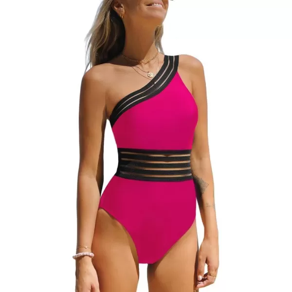 imageCUPSHE Womens One Piece Swimsuits Bathing Suits One Shoulder Adjustable Straps Cutout Asymmetrical Swimwear MeshMagenta Black