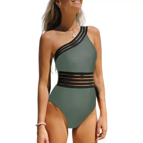imageCUPSHE Womens One Piece Swimsuits Bathing Suits One Shoulder Adjustable Straps Cutout Asymmetrical Swimwear MeshSage Green