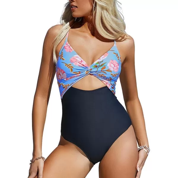 imageCUPSHE Womens One Piece Swimsuits Twisted Front Cutout Floral Laceup Back SwimwearBlue Black and Floral