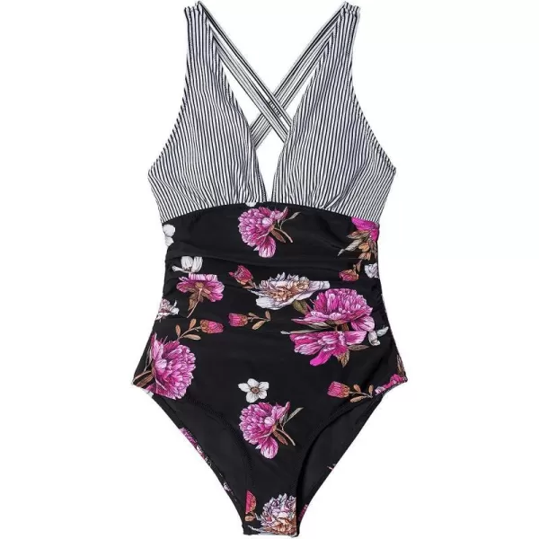 imageCUPSHE Womens One Piece V Neck Tummy Control Cross Back Vintage SwimsuitBlackStripe
