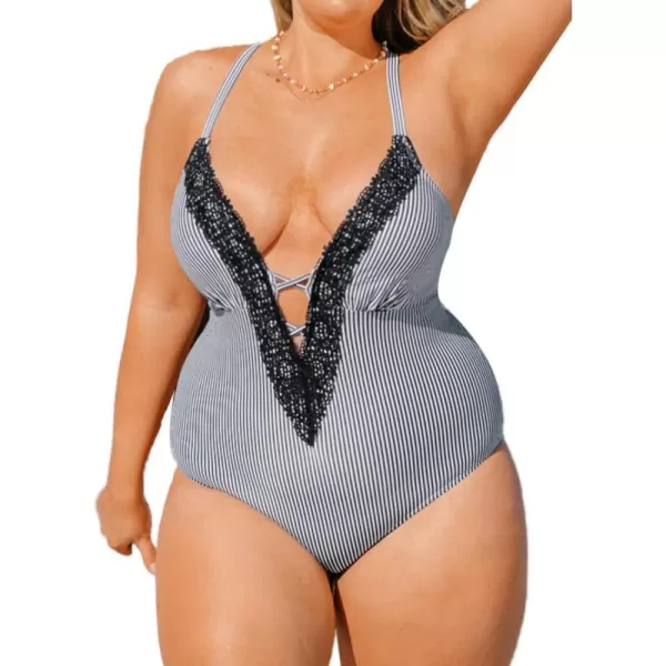 imageCUPSHE Womens One Piece Vintage Lace Deep V Neck Cutout SwimsuitBlack  Vertical Stripe