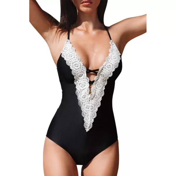 imageCUPSHE Womens One Piece Vintage Lace Deep V Neck Cutout SwimsuitBlack