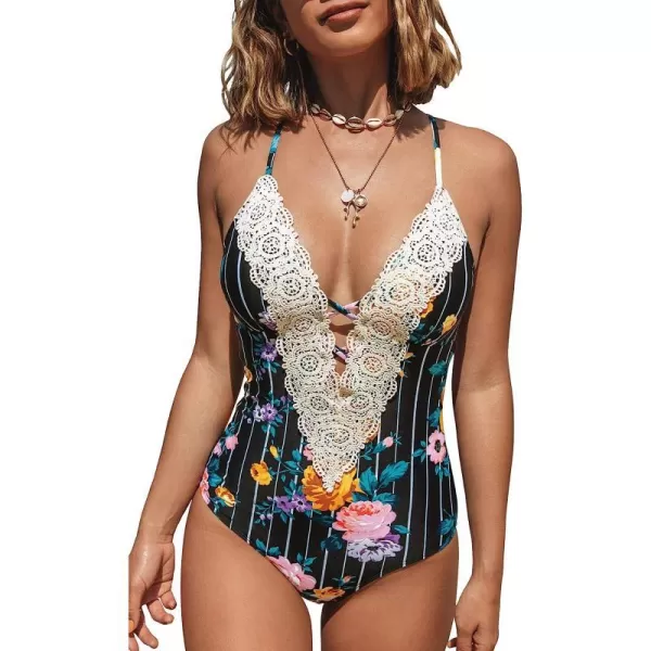 imageCUPSHE Womens One Piece Vintage Lace Deep V Neck Cutout SwimsuitBlack Floral Stripe