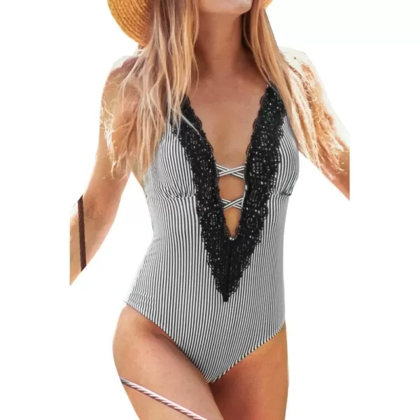 imageCUPSHE Womens One Piece Vintage Lace Deep V Neck Cutout SwimsuitBlack White