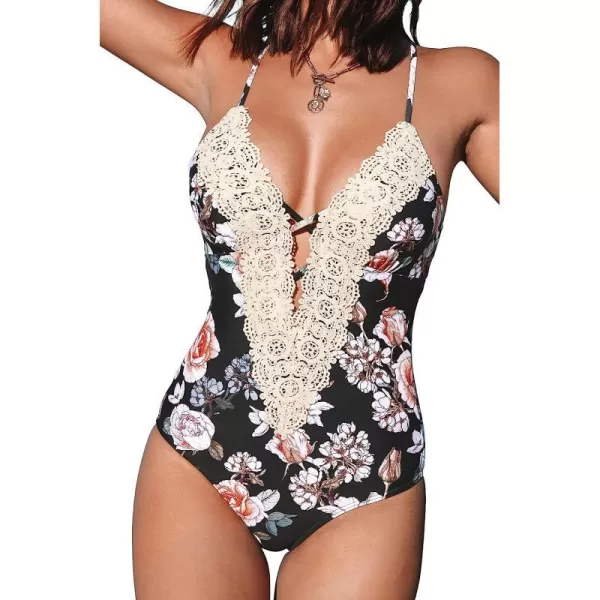 imageCUPSHE Womens One Piece Vintage Lace Deep V Neck Cutout SwimsuitBlackRed Flower